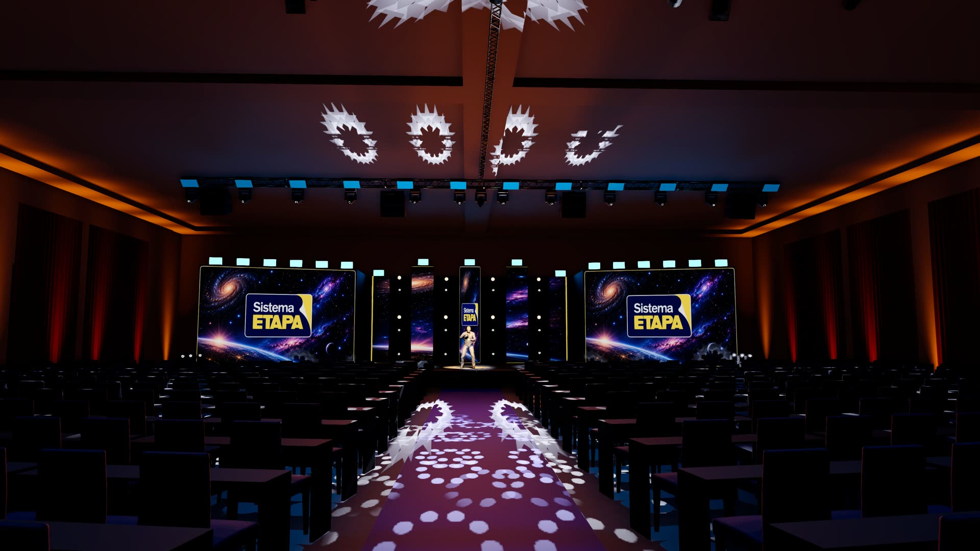 Render 3D: vista frontal do palco do Sistema ETAPA com painéis de LED